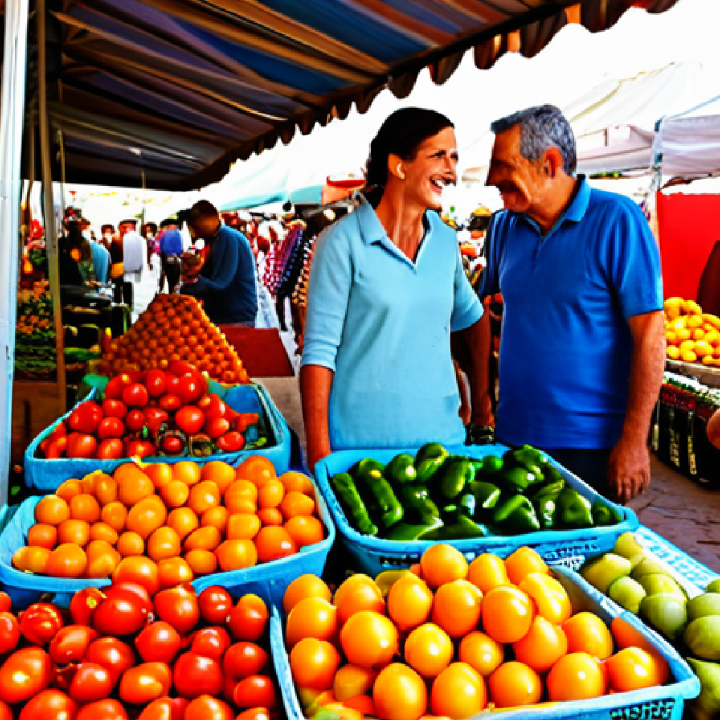 지역특산 음식의 지속 가능성에 대한 연구 - Local Market Scene**
"A bustling local farmers market in Andalusia, Spain. Colorful stalls overflow...