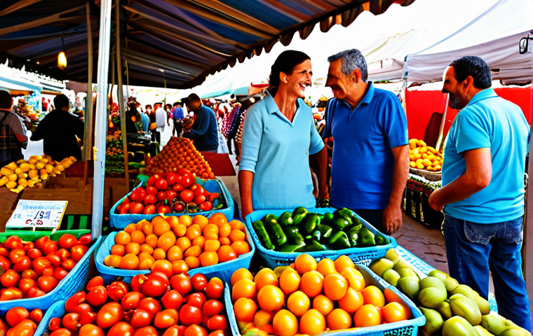 지역특산 음식의 지속 가능성에 대한 연구 - Local Market Scene**
"A bustling local farmers market in Andalusia, Spain. Colorful stalls overflow...
