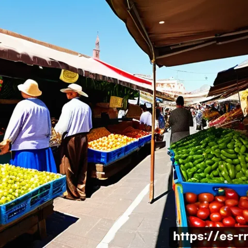 지역특산 음식으로 차린 간단한 저녁 상차림 - **A vibrant, bustling Spanish "mercado" scene on a sunny day.** The image captures a kaleidoscope of...