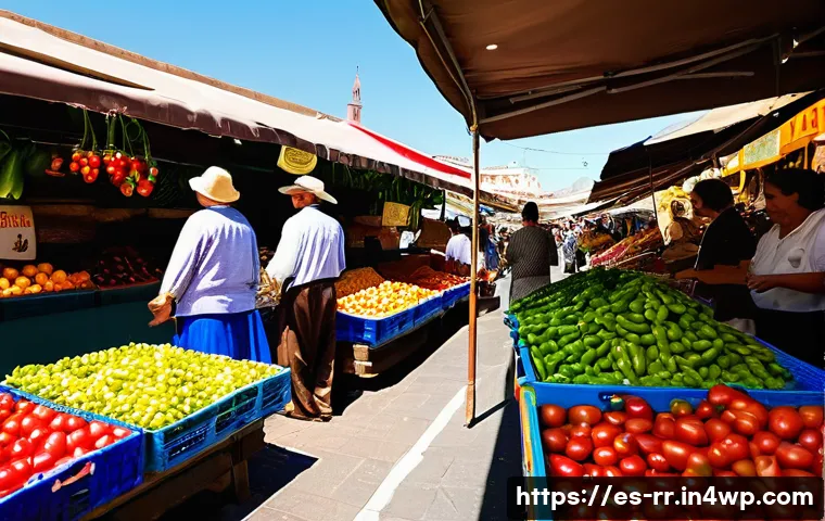지역특산 음식으로 차린 간단한 저녁 상차림 - **A vibrant, bustling Spanish "mercado" scene on a sunny day.** The image captures a kaleidoscope of...