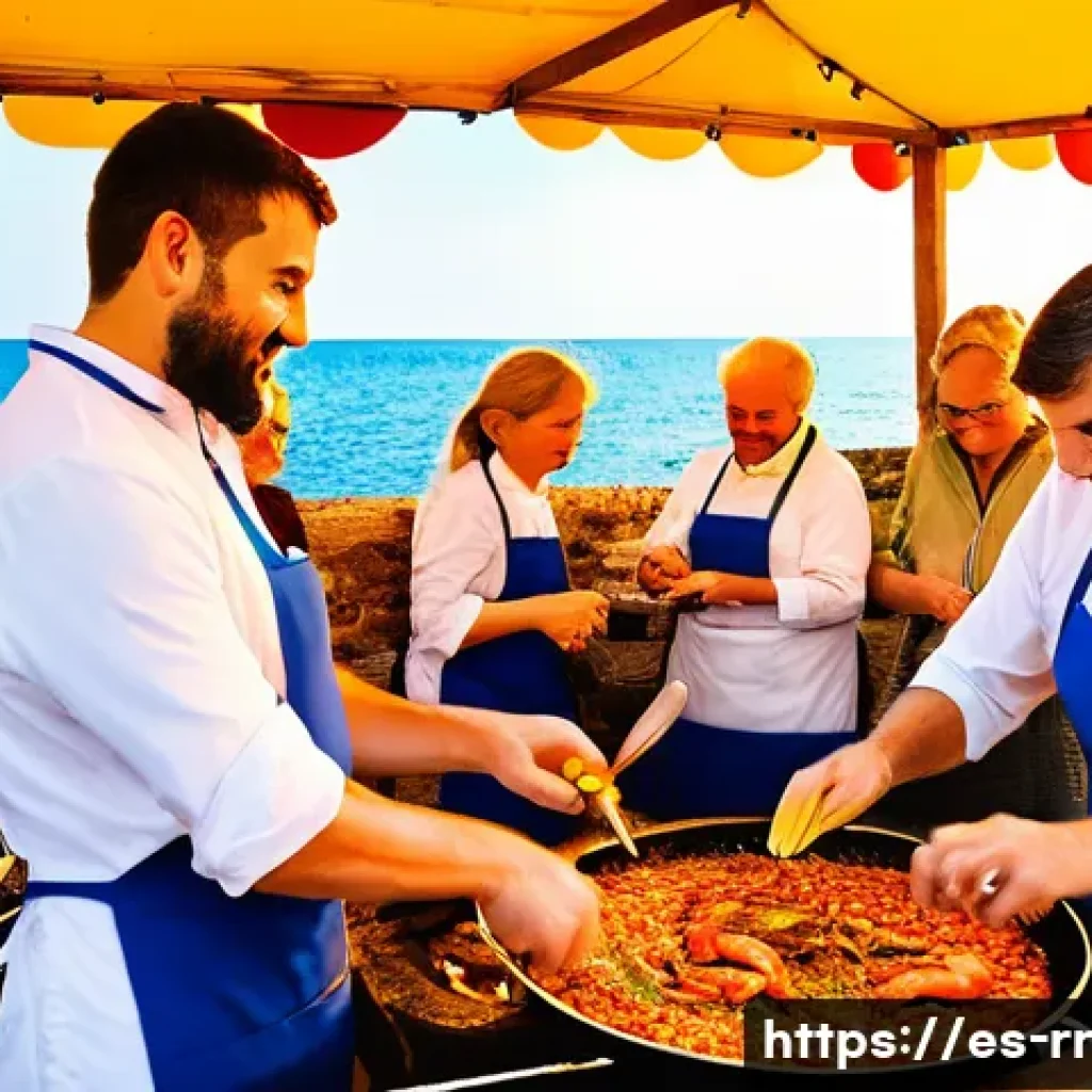 지역특산 음식 축제 일정 및 정보 - A vibrant outdoor Mediterranean seafood festival scene at a sunny coastal village in Spain, featurin...
