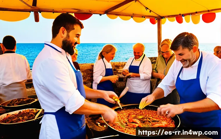 지역특산 음식 축제 일정 및 정보 - A vibrant outdoor Mediterranean seafood festival scene at a sunny coastal village in Spain, featurin...