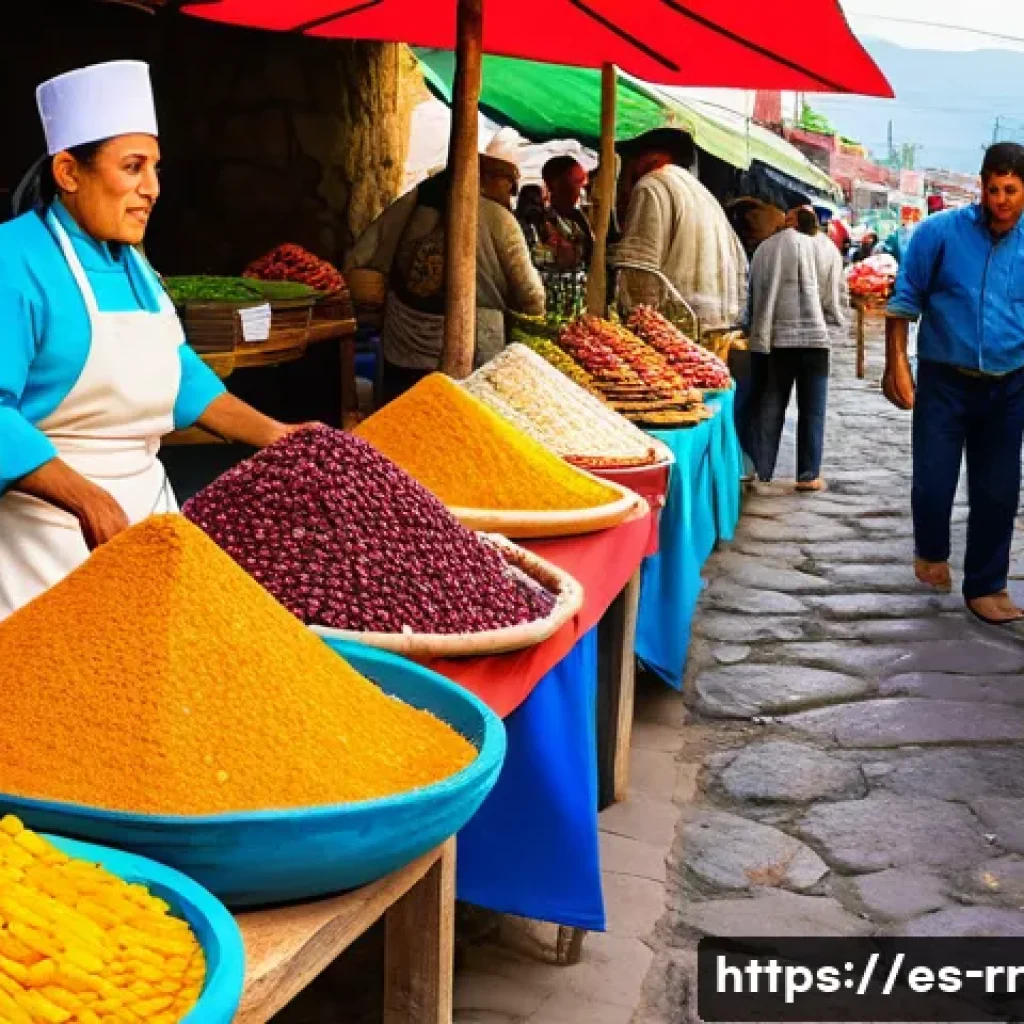 전통과 현대가 만나는 지역특산 음식 - A vibrant traditional Mexican market scene in Oaxaca, featuring colorful stalls with indigenous ingr...