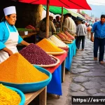 전통과 현대가 만나는 지역특산 음식 - A vibrant traditional Mexican market scene in Oaxaca, featuring colorful stalls with indigenous ingr...