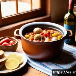 전국 지역특산 음식의 생생한 후기 - A rustic Spanish northern coastal kitchen scene featuring a traditional clay pot simmering marmitako...