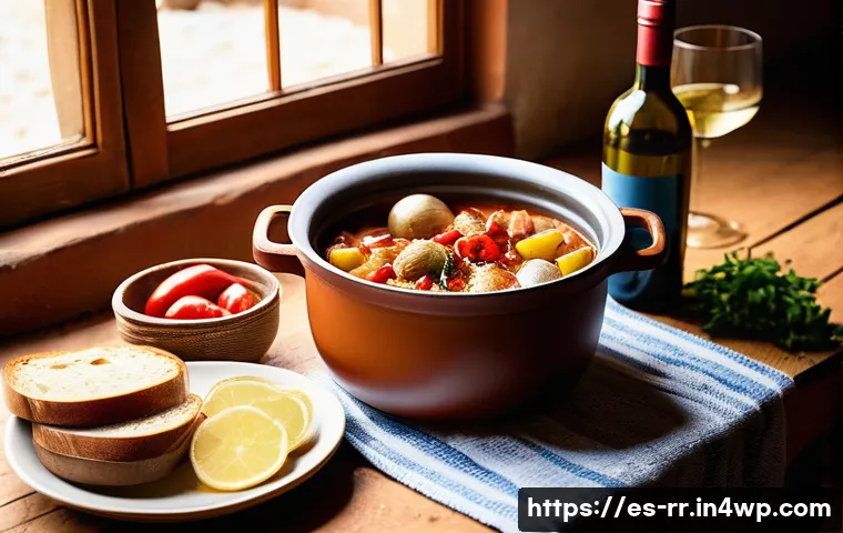 전국 지역특산 음식의 생생한 후기 - A rustic Spanish northern coastal kitchen scene featuring a traditional clay pot simmering marmitako...