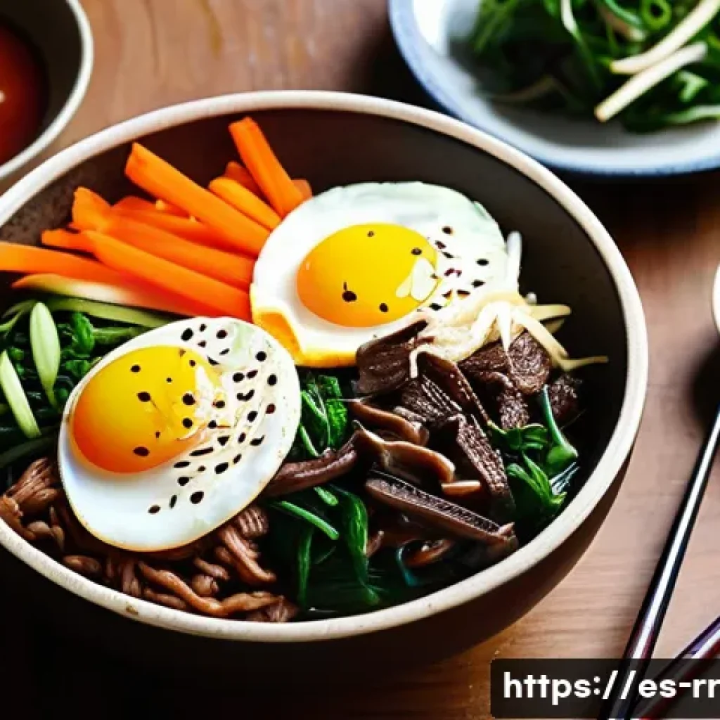 글로벌 시장에서의 한국 지역특산 음식 - A vibrant, colorful bowl of Jeonju-style bibimbap on a rustic wooden table, featuring neatly arrange...
