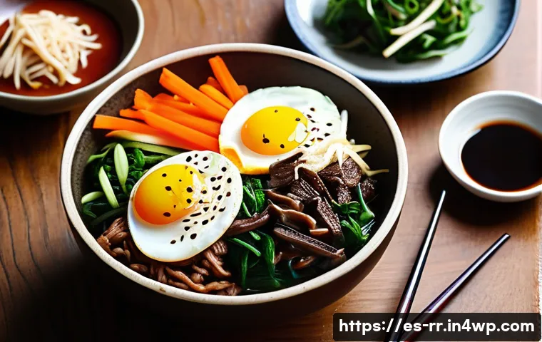 글로벌 시장에서의 한국 지역특산 음식 - A vibrant, colorful bowl of Jeonju-style bibimbap on a rustic wooden table, featuring neatly arrange...