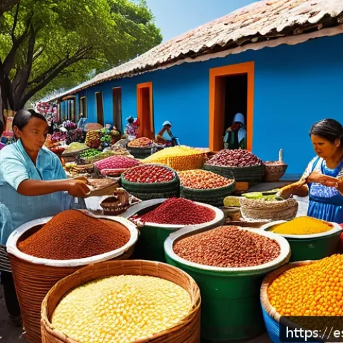 지역특산 음식과 관광의 상관관계 - A vibrant outdoor food market in Oaxaca, Mexico, featuring local vendors selling traditional mole sa...