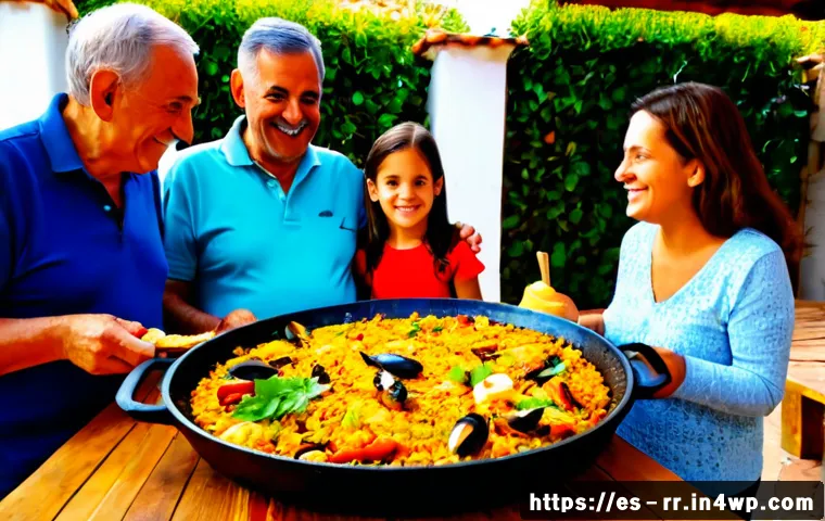 세대별로 사랑받는 지역특산 음식 - Photorealistic multigenerational Spanish family gathered around a rustic wooden table in a sunlit An...