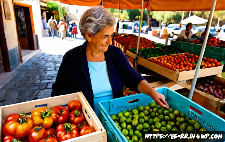 지역특산 음식의 지속 가능한 소비 촉진 - Photorealistic sunlit Spanish farmers’ market, an older woman choosing seasonal heirloom tomatoes, p...