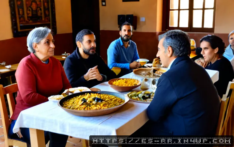 지역특산 음식의 대중화에 대한 토론 - Photorealistic community food discussion in a bright Spanish cultural center, diverse adult resident...